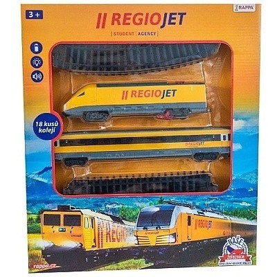 Vlak žlutý RegioJet s kolejnicemi 18 ks plast se zvukem a světlem