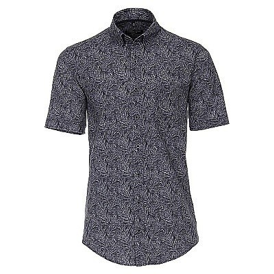 Pánská košile Casa Moda lněná tmavě modrá modní tisk listy krátký rukáv vel. 4XL - 7XL (50 - 56)