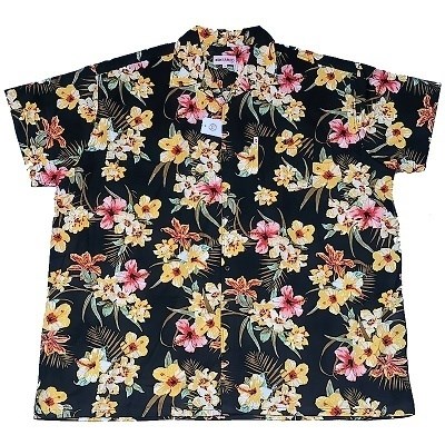 Pánská košile Kamro černá s potiskem velkých květů krátký rukáv 7XL - 12XL
