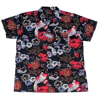 Pánská košile Kamro černá potisk květy a ryby krátký rukáv 4XL
