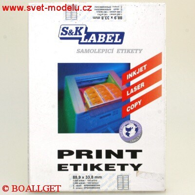Samolepící etikety 88,9 x 33,8 S&K LABEL pro laserové a inkoustové tiskárny A4, 100 listů v balení
