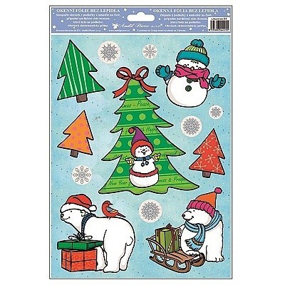 Samolepky vánoce na okna stromeček se sněhulákem s glitry 30x20