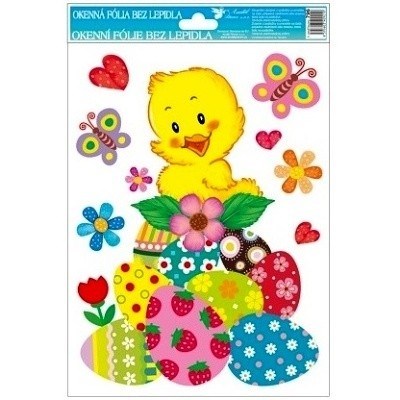 Samolepky velikonoce na okna KUŘÁTKA A VEJCE s glitry č. 4 - 30 x 20 cm