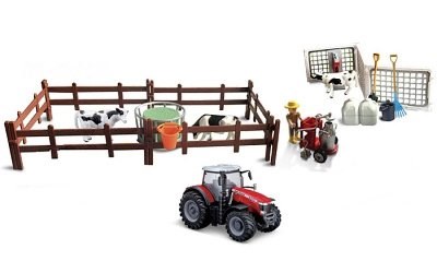 FARM LAND COW FEEDING PLAY SET TRAKTOR MASSEY FERGUSSON 8740S RED