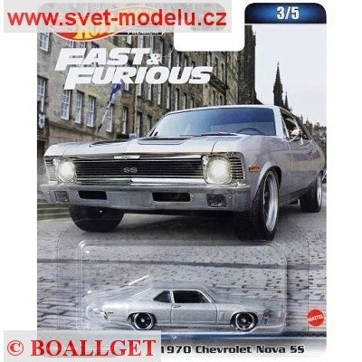 AUTÍČKO HOT WHEELS PREMIUM HNW54 FAST & FURIOUS RYCHLE A ZBĚSILE CHEVROLET NOVA SS 1970 SILVER