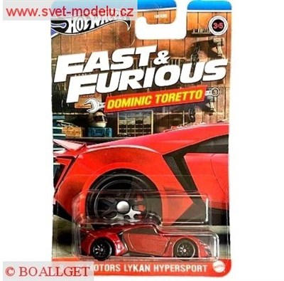 AUTKO HOT WHEELS FAST & FURIOUS RYCHLE A ZBSILE DOMINIC TORETTO HRW48 W MOTORS LYKAN HYPERSPORT RED