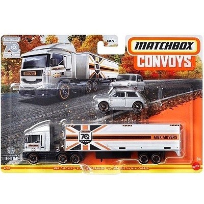 AUTKA MATCHBOX CONVOYS HLM83 MBX CABOVER & MBX BOX TRAILER & 1964 AUSTIN MINI COOPER