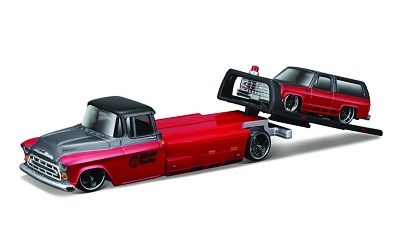 MAISTO DESIGN CHEVROLET FLATBED 1957 w/ CHEVROLET K5 BLAZER 1979 RED / GREY