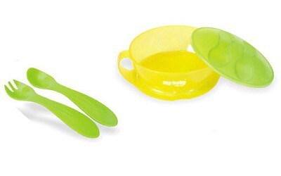 PLASTOVÁ MISKA S VÍKEM, LŽIČKOU A VIDLIČKOU