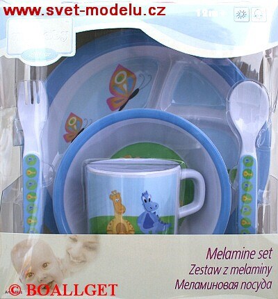 JÍDELNÍ SADA MODRÁ Z MELAMINU - MISKY, HRNEK, VIDLIČKA, LŽIČKA  