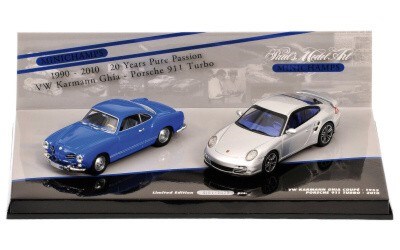 DOUBLE SET PORSCHE 911 TURBO (997) 2010 SILVER / VW KARMANN GHIA COUPE 1955 BLUE 20 YEARS MC L.E. 2028 pcs.