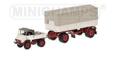 MERCEDES-BENZ UNIMOG 401 SET MIT PRITSCHENANHÄNGER 1951 WHITE/RED L.E. 504 pcs