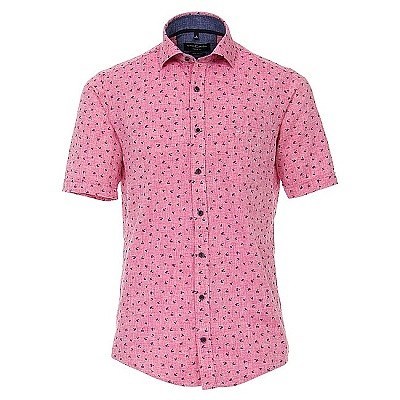 Pánská košile Casa Moda červená lněná módní tisk palmy krátký rukáv vel. 4XL - 7XL (50 - 56)