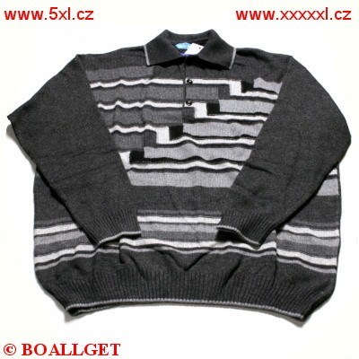 Pánský svetr šedý - pruhy s límečkem na 3 knoflíčky   3XL - 4XL