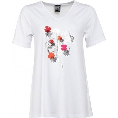 Dámské tričko bílé se stříbrno - červeným potiskem kytek