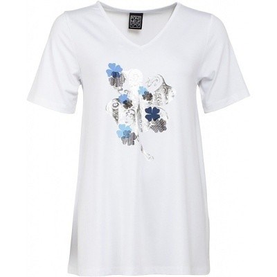 Dámské tričko bílé se stříbrno - modrým potiskem kytek