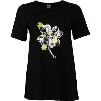 Dámské tričko černé se stříbrno - zeleným potiskem kytek