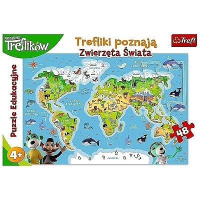 PUZZLE TREFL 48 dílků 15552 TREFLÍCI POZNÁVAJÍ ZVÍŘATA SVĚTA MAPA