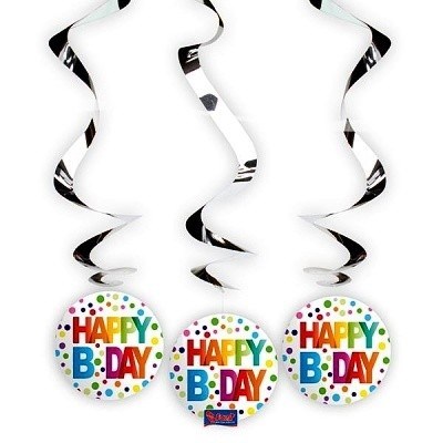 SPIRÁLOVÁ DEKORACE DUHOVÁ HAPPY B DAY 3ks