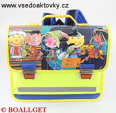 Aktovka školní KIDS OF THE WORLD, zpevněná ergonom. záda, uvnitř 2 přihrádky + 1 přední kapsa, přihrádka na jmenovku