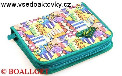 PENÁL Cikcak,1.zipový, textil s klopou + BONUS - náplň zdarma  (sada pastelek,sada fixů, 2 tužky, pravítko, úhloměr, pryž, ořezávátko )