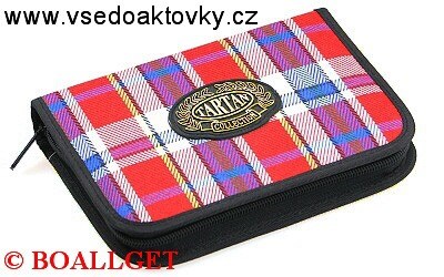 PENÁL Káro2,1.zipový, textil s klopou + BONUS - náplň zdarma  (sada pastelek,sada fixů, 2 tužky, pravítko, úhloměr, pryž, ořezávátko )