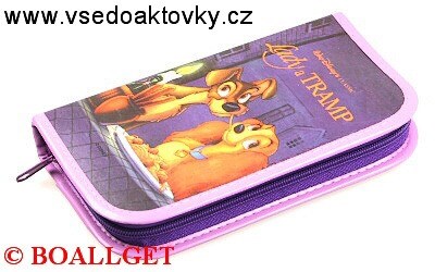 PENÁL LADY A TRAMP + BONUS, 1.zipový, omyvatelný,  - náplň zdarma  (sada pastelek, tužka, pryž, ořezávátko, propiska, tornádo )  T-47/1 DP