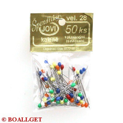 Špendlíky krejčovské s barevnou hlavičkou vel. 28 - 50 ks