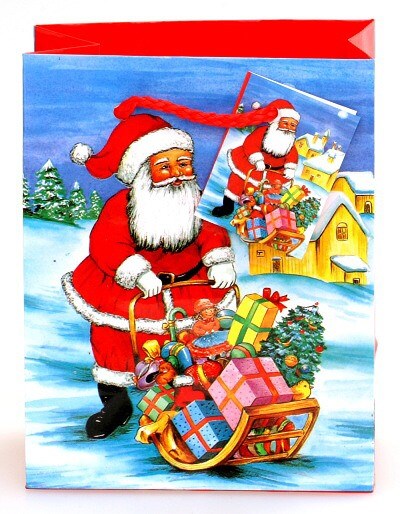 Taška vánoční 14x11x6 JEŽÍŠEK SE SANĚMI pevný lakovaný papír