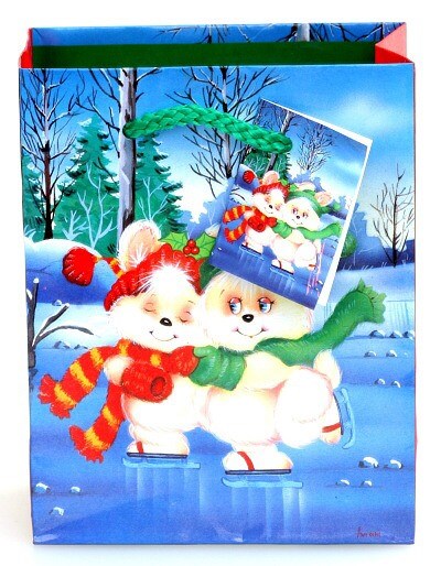 Taška vánoční 14x11x6 BRUSLÍCÍ ZAJÍCI  pevný lakovaný papír