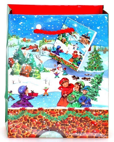Taška vánoční 23x18x10 DĚTI V ZIMĚ pevný lakovaný papír
