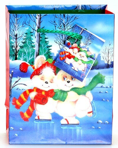 Taška vánoční 23x18x10 BRUSLÍCÍ ZAJÍCI pevný lakovaný papír