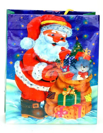 Taška vánoční 22x19x10 JEŽÍŠEK S PYTLEM pevný lakovaný papír