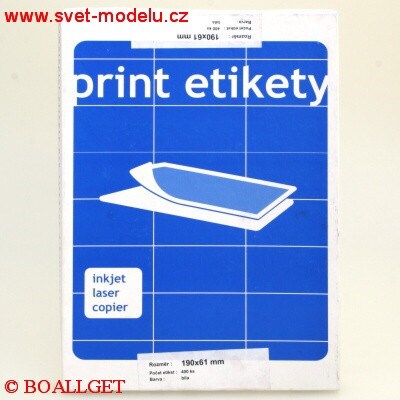 Samolepící etikety 190 x 61 PRINT pro laserové a inkoustové tiskárny A4, 100 listů v balení 