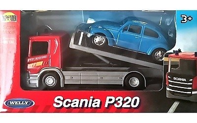 SCANIA P320 ODTAHOVÝ VŮZ RED W/ VOLKSWAGEN BEETLE BLUE